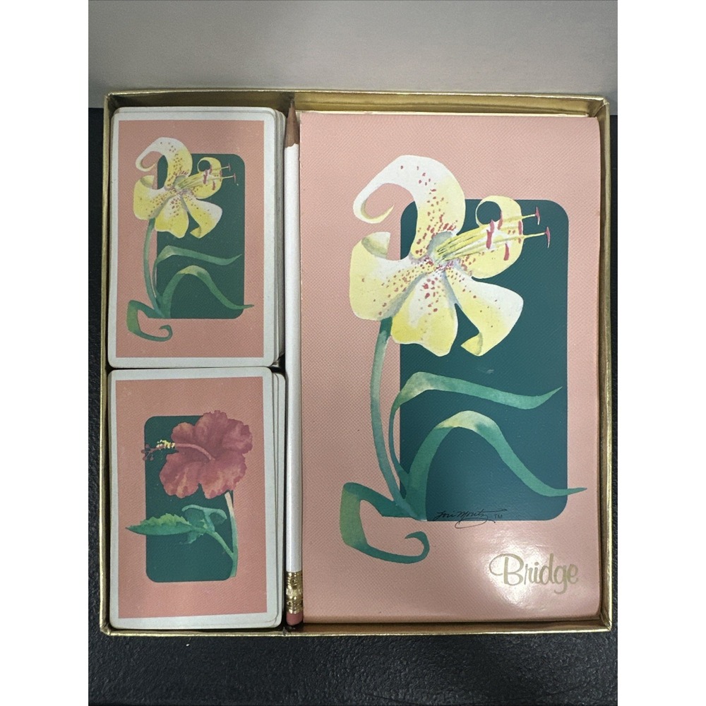 vintage Sun Capri Bridge Set Score Pad Pencil Two Decks Of Cards Flower Design